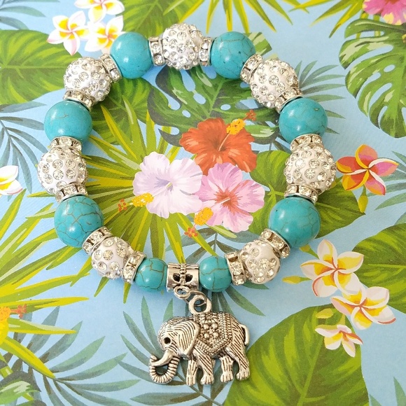 Jewelry - Blue and Crystal stretch bracelet  elephant charm
